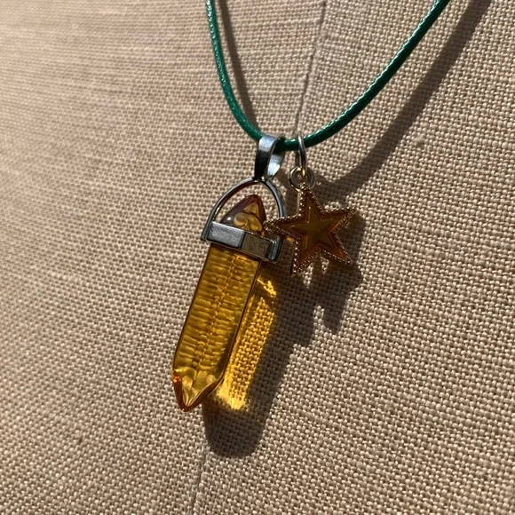 Handmade Honey Amber Resin Crystal Amulet Necklace & Enamel Star Charm - Picture 9 of 10